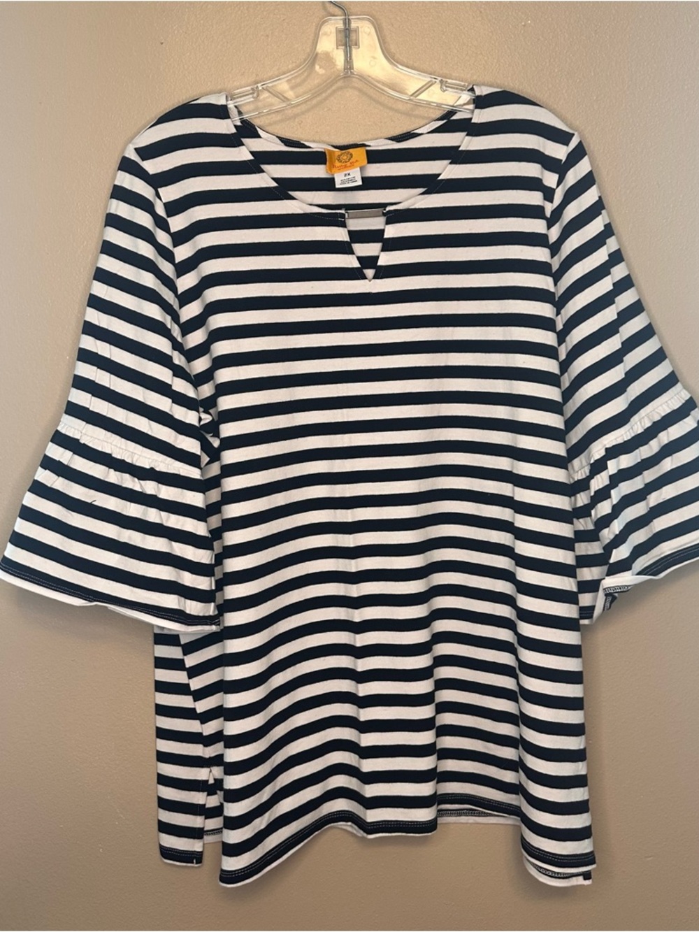 Ruby Rd. Black & White Striped Bell Sleeve Top